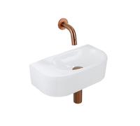 QeramiQ Fuente Ensemble de Lavabo - 40x21.5x12cm - lisse - demi-rond - céramique - ensemble de robinet en cuivre brossé - bouchon de vidange - siphon abaissé - blanc brillant SW1210762/SW799405/SW7994