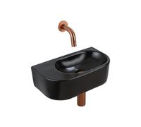 QeramiQ Fuente Ensemble de Lavabo - 40x21.5x12cm - lisse - demi-rond - céramique - ensemble de robinet en cuivre brossé - bouchon de vidange - siphon abaissé - noir mat SW1210764/SW799405/SW799403/SW1