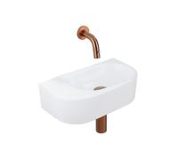 QeramiQ Fuente Ensemble de Lavabo - 40x21.5x12cm - lisse - demi-rond - céramique - ensemble de robinet en cuivre brossé - bouchon de vidange - siphon abaissé - blanc mat SW1210763/SW799405/SW799403/SW