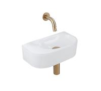 QeramiQ Fuente Ensemble de Lavabo - 40x21.5x12cm - lisse - demi-rond - céramique - ensemble de robinet en laiton brossé - bouchon de vidange - siphon réduit - blanc brillant SW1210762/SW696208/SW69621