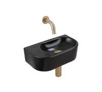 QeramiQ Fuente Ensemble de Lavabo - 40x21.5x12cm - lisse - demi-rond - céramique - ensemble de robinet en laiton brossé - bouchon de vidange - siphon abaissé - noir mat SW1210764/SW696208/SW696218/SW1