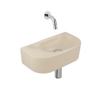 QeramiQ Fuente Ensemble de Lavabo - 40x21.5x12cm - lisse - demi-rond - sans trou pour robinet - céramique - ensemble de robinet chrome - bouchon de vidange - siphon abaissé - beige SW1210765/SW696209/