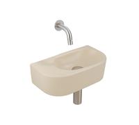 QeramiQ Fuente Ensemble de Lavabo - 40x21.5x12cm - lisse - demi-rond - sans trou pour robinet - céramique - ensemble de robinet en acier inoxydable brossé - bouchon de vidange - siphon réduit - beige 