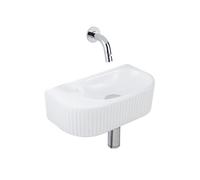 QeramiQ Fuente Ensemble de Lavabo - 40x21.5x12cm - strié - demi-rond - céramique - ensemble de robinet chrome - bouchon de vidange - siphon réduit - blanc brillant SW1210754/SW696209/SW696219/SW110882