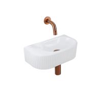 QeramiQ Fuente Ensemble de Lavabo - 40x21.5x12cm - strié - demi-rond - céramique - ensemble de robinet en cuivre brossé - bouchon de vidange - siphon réduit - blanc brillant SW1210754/SW799405/SW79940