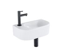 QeramiQ Fuente Ensemble lave-mains - 40x21.5x12cm - gauche - rainuré - demi-rond - 1 trou de robinet - céramique - robinet de lave-mains noir mat - bonde - siphon abaissé - blanc mat SW1522209/SW69620