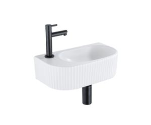 QeramiQ Fuente Ensemble lave-mains - 40x21.5x12cm - gauche - rainuré - demi-rond - 1 trou de robinet - céramique - robinet de lave-mains noir mat - bonde - siphon abaissé - blanc mat SW1522209/SW69620