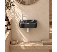 QeramiQ Fuente pack lave-mains - 40 x 21,5 x 12 cm - céramique noir mat - perçage à gauche - robinet blanc mat SW1209556/SW696206/SW696216/SW1210972