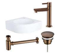 QeramiQ Fuente Pack Lave-mains d'angle - 30x30x10cm - 1 trou de robinet - céramique - robinet cuivre - Blanc brillant SW970033/SW799405/SW799403/SW679885