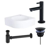 QeramiQ Fuente Pack Lave-mains d'angle - 30x30x10cm - 1 trou de robinet - céramique - robinet Noir mat - Blanc SW696235/SW696205/SW696215/SW679885