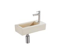 QeramiQ Lave-mains Kit lave-mains - 37.5x18.5x9cm - céramique - trou de robinet à droite - robinet lave-mains en inox brossé - bonde de vidage - siphon abaissé - Mat Beige SW1122448/SW696207/SW696217/