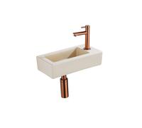 QeramiQ Lave-mains Kit lave-mains - 37.5x18.5x9cm - céramique - trou de robinet à droite - robinet lave-mains en cuivre brossé - bonde de vidage - siphon abaissé - Mat Beige SW1122448/SW799405/SW79940