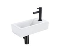QeramiQ Lave-mains Kit lave-mains - 37.5x18.5x9cm - céramique - trou de robinet à droite - robinet lave-mains noir mat - bonde de vidage - siphon abaissé - Mat blanc SW1122446/SW696205/SW696215/SW6962
