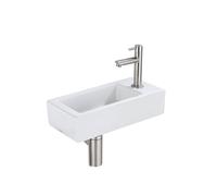 QeramiQ Lave-mains Kit lave-mains - 37.5x18.5x9cm - céramique - trou de robinet à droite - robinet lave-mains en inox brossé - bonde de vidage - siphon abaissé - Mat blanc SW1122446/SW696207/SW696217/