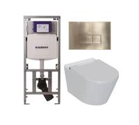 QeramiQ Luma Ensemble WC douche - réservoir encastré Geberit UP320 - avec cadre Burda - sèche-cheveux - douchette féminine - plaque de commande laiton brossé - boutons rectangulaires - blanc brillant 