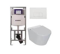 QeramiQ Luma Ensemble WC-douche - Réservoir encastré Geberit UP320 - avec cadre Burda - sèche-cheveux - douchette féminine - plaque de commande en plastique blanc brillant - boutons rectangulaires - b