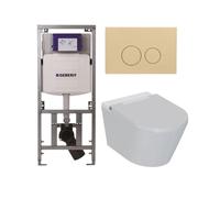 QeramiQ Luma Ensemble WC douche - réservoir encastré Geberit UP320 - avec cadre Burda - sèche-cheveux - douchette féminine - plaque de commande beige - boutons ronds - blanc brillant SW1247816/SW11023
