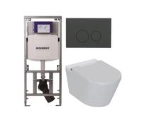 QeramiQ Luma Ensemble WC-Douche - Réservoir encastré Geberit UP320 - avec châssis Burda - sèche-cheveux - douchette féminine - plaque de commande anthracite mat - boutons ronds - blanc brillant SW1247
