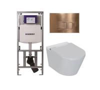 QeramiQ Luma Ensemble WC-douche - Réservoir encastré Geberit UP320 - avec châssis Burda - sèche-cheveux - douchette féminine - plaque de commande cuivrée - boutons rectangulaires - blanc brillant SW12