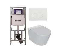 QeramiQ Luma Ensemble WC-douche - réservoir encastré Geberit UP320 - avec châssis Burda - sèche-cheveux - douchette féminine - plaque de commande métallique blanche mate - boutons ronds - blanc brilla