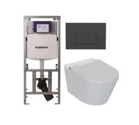 QeramiQ Luma Ensemble WC-douche - réservoir encastré Geberit UP320 - avec châssis Burda - sèche-cheveux - douchette féminine - plaque de commande anthracite mat - boutons rectangulaires - blanc brilla