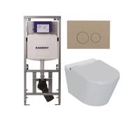 QeramiQ Luma Ensemble WC-douche - réservoir encastré Geberit UP320 - avec châssis Burda - sèche-cheveux - douchette féminine - plaque de commande taupe - boutons ronds - blanc brillant SW1247816/SW110