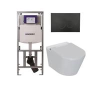 QeramiQ Luma Ensemble WC-douche - réservoir encastré Geberit UP320 - avec châssis Burda - séchoir - douchette féminine - plaque de commande métallique noire mate - boutons ronds - blanc brillant SW124