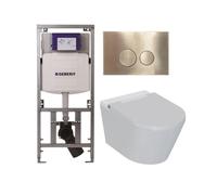 QeramiQ Luma Set WC douche - réservoir encastré Geberit UP320 - avec cadre Burda - sèche-cheveux - douchette féminine - plaque de commande en laiton brossé - boutons ronds - blanc brillant SW1247816/S