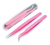 Qerwsdty Lot de 2 pinces à cils en acier inoxydable pour extensions de cils - Avec pointe droite et incurvée - Rose