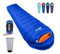 QEZER Sac de Couchage en Duvet, léger, Chaud et Compact, pour Le Camping, la randonnée et la randonnée avec Sac de Compression Gratuit 1000 g Duvet de Canard 600+ FP (1000g Bleu Saphir)