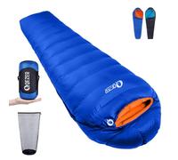 QEZER Sac de Couchage en Duvet, léger, Chaud et Compact, pour Le Camping, la randonnée et la randonnée avec Sac de Compression Gratuit 1000 g Duvet de Canard 600+ FP (1500g Bleu Saphir)