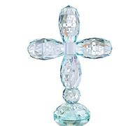 QF Croix en Cristal colorée sur Pied - 14 x 17,8 cm - Décoration Artisanale en Verre (Cyan/Bleu)