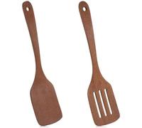 QFGasre Lot de 2 spatules en bois, spatule plate à long manche en bois, spatule solide et spatule ajourée pour poêles antiadhésives, cuillères en bois faites à la main, ensemble d'ustensiles de