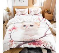 Qfpryzius Housse de Couette 140x200 Chat Fleur, Réversible Parure de Lit Chaton Mignon 1 Personne, Ensemble de literie Microfibre avec Fermeture Éclair + 1 Taie d'oreiller 65x65 cm