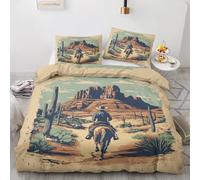 Qfpryzius Housse de Couette 140x200 Cow-Boy Occidental, Réversible Parure de Lit Cactus Cheval 1 Personne, Ensemble de literie Microfibre avec Fermeture Éclair + 1 Taie d'oreiller 65x65