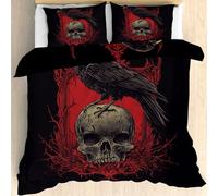 Qfpryzius Housse de Couette 160x200 Corbeau Gothique, Réversible Parure de Lit Rose Tête de Mort 2 Personnes, Ensemble de literie Microfibre 3 Pièces avec Fermeture Éclair + 2 Taie d'oreiller 65x65