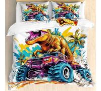 Qfpryzius Housse de Couette 220x240 Tyrannosaure Rex, Réversible Parure de Lit Monster Truck Dino 2 Personnes, Ensemble de literie Microfibre 3 Pièces avec Fermeture Éclair + 2 Taie d'oreiller 65x65