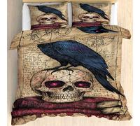 Qfpryzius Housse de Couette 240x260 Gothique Crâne et Corbeau, Réversible Parure de Lit Vintage 2 Personnes, Ensemble de literie Microfibre 3 Pièces avec Fermeture Éclair + 2 Taie d'oreiller 65x65