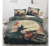 Qfpryzius Housse de Couette 240x260 Samurai Japonais, Réversible Parure de Lit Guerrier Lune 2 Personnes, Ensemble de literie Microfibre 3 Pièces avec Fermeture Éclair + 2 Taie d'oreiller 65x65 cm