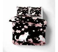 Qfpryzius Housse de Couette Réversible 220x240 Chat de Dessin Animé, Parure de Lit Fleurs de Cerisier 2 Personnes en Microfibre 3 Pièces avec Fermeture Éclair + 2 Taies d'oreiller 65x65