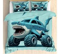 Qfpryzius Parure de Lit 90x190 Enfant pour 1 Personne Monster Truck Requin, Housse de Couette Réversible Camion Monstre + 1 Taie d'oreiller 65x65, Ensemble de Literie en Microfibre pour Garçon Fille