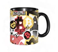QFSDGY Tasse à Café | Tasse Céramique Fine | Cadeau Original | 330ml | Mug avec Anse | Cadeau Original pour Homme et Femme | Bitcoin, symbole des cryptomonnaies en flammes et billets de banque