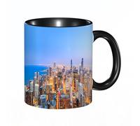 QFSDGY Tasse à Café | Tasse Céramique Fine | Cadeau Original | 330ml | Mug avec Anse | Cadeau Original pour Homme et Femme | Vue de Chicago, photo en noir et blanc filtrée d'un paysage urbain rivera