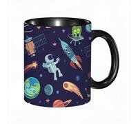 QFSDGY Tasse à Café | Tasse Céramique Fine | Cadeau Original | 330ml | Mug avec Anse | Cadeau Original pour Homme et Femme | Espace de dessin animé. Planètes, astéroïdes, astronautes, ovnis, vaissea