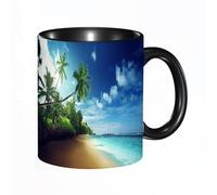 QFSDGY Tasse à Café | Tasse Céramique Fine | Cadeau Original | 330ml | Mug avec Anse | Cadeau Original pour Homme et Femme | Paysage de plage, une plage de sable avec un bateau amarré, des palmiers