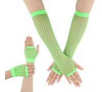 QfwdfcTrenz Lot de 2 paires de manchettes et mitaines en résille vert fluo - Maille extensible pour fête lumineuse et accessoires de costume à thème pour femme