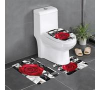 QGGHNISD Lot de 3 tapis de salle de bain en flanelle, antidérapant et absorbant, tapis de bain en forme de U, tapis de bain doux et lavable, motif à rayures noires et blanches, fleurs rouges