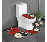 QGGHNISD Lot de 3 tapis de salle de bain en flanelle, antidérapant et absorbant, tapis de bain en forme de U, tapis de bain doux et lavable, motif marguerites rouges et blanches