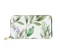 QGGHNISD Portefeuille long en cuir marron labrador retriever pour femme avec fermeture éclair, fentes pour cartes, poche pour espèces, pochette, Green Flower Aquarelle Herbe Feuilles et Branches de