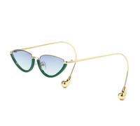 QGGNMGT Lunettes de soleil œil de chat demi-monture de luxe pour femmes, branches courbées, perles métalliques, style tendance, protection solaire UV400 (vert, bleu, thé)